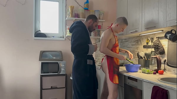 The stepfather found his stepson with a bare ass in the kitchen and fucked his tight ass right on the table – 437